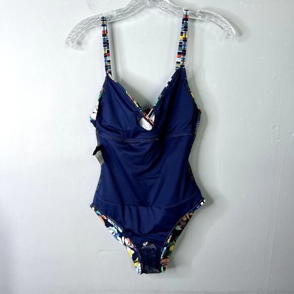 Ellen Tracy Fast & Fresh Surplice Navy Blue Multi Floral One Piece Swimsuit Sz 6 - Picture 10 of 12